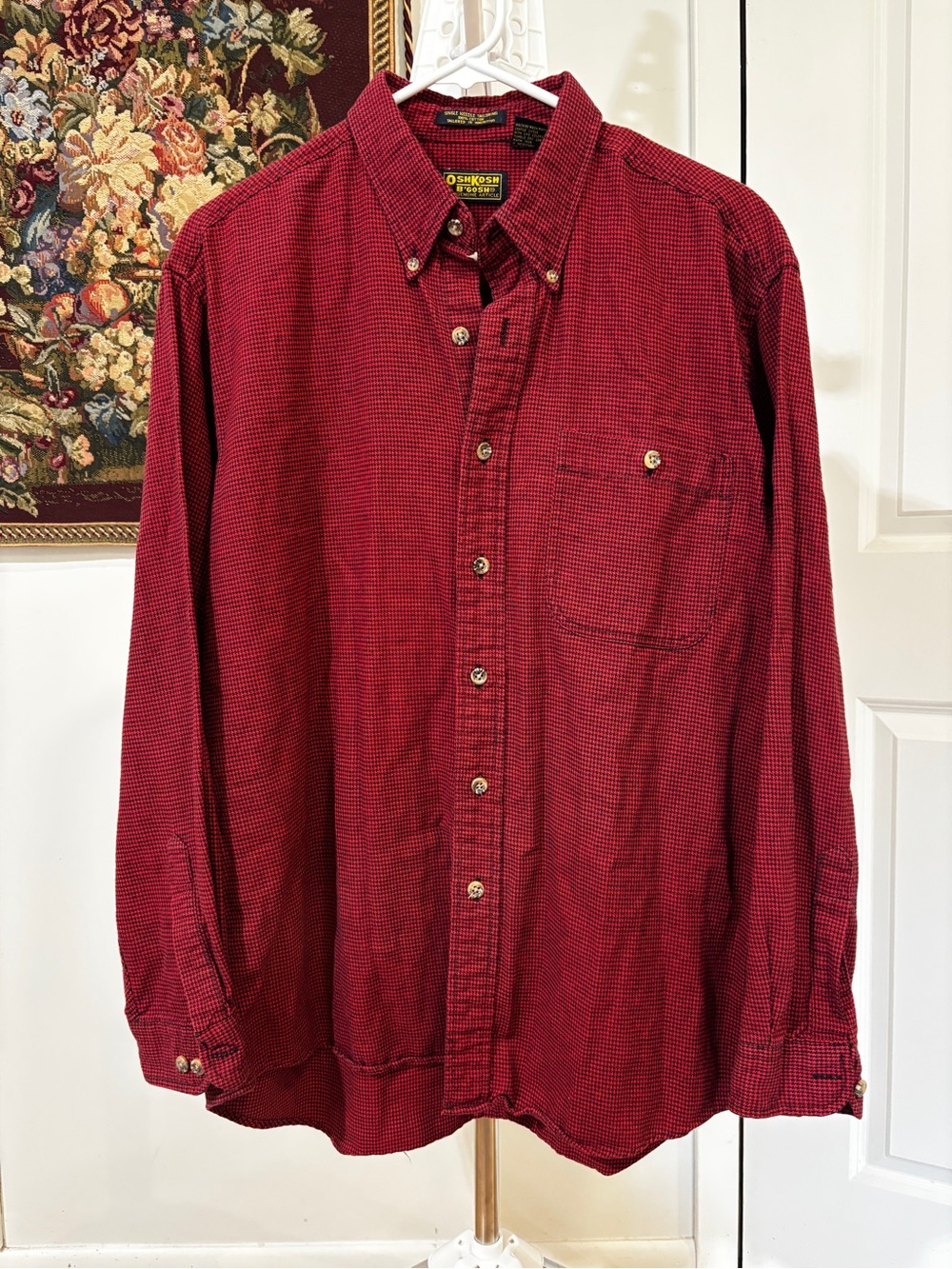 Vintage OshKosh B’Gosh Red Black Houndstooth Shirt L 100% Cotton